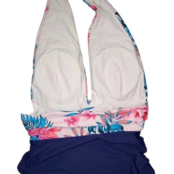 CUPSHE Navy Floral Deep V-neck Halter One-Piece Swimsuit Sexy Backless L… - Picture 5 of 9